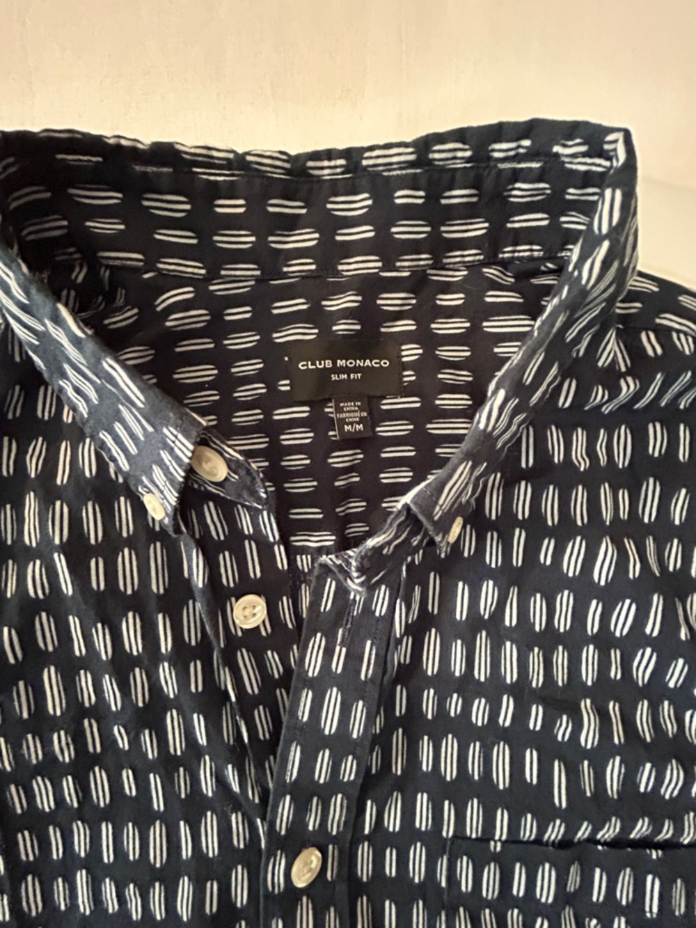 Club Monaco Navy Short-Sleeve Button-Down with Light Gray Geo Dots - Picture 2 of 5